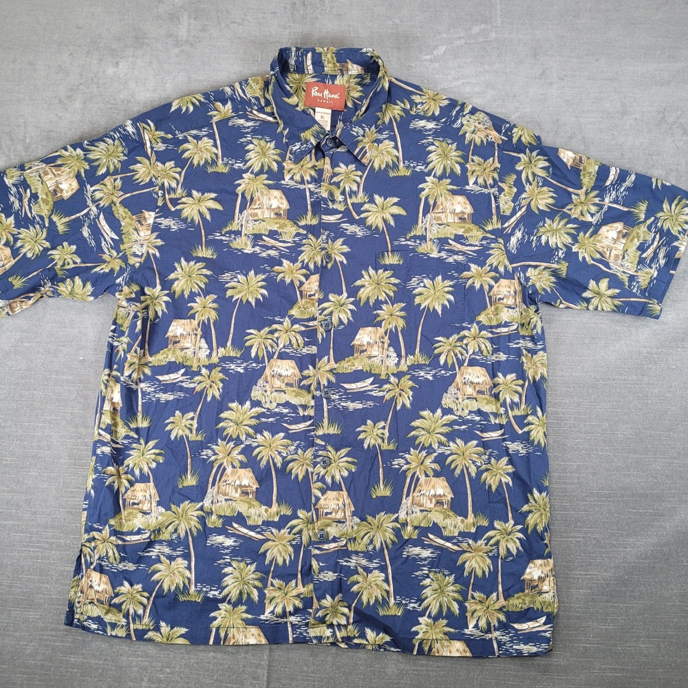 Pau Hana Hawaii Mens XL Blue Palm Tree Hut Cotton Viscose Aloha Shirt